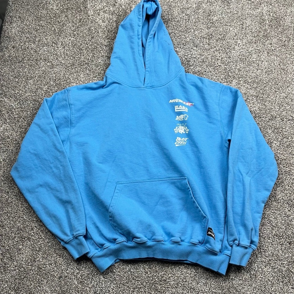 MrBeast Hoodie Men S Light Blue Fleece Pullover Casual Streetwear